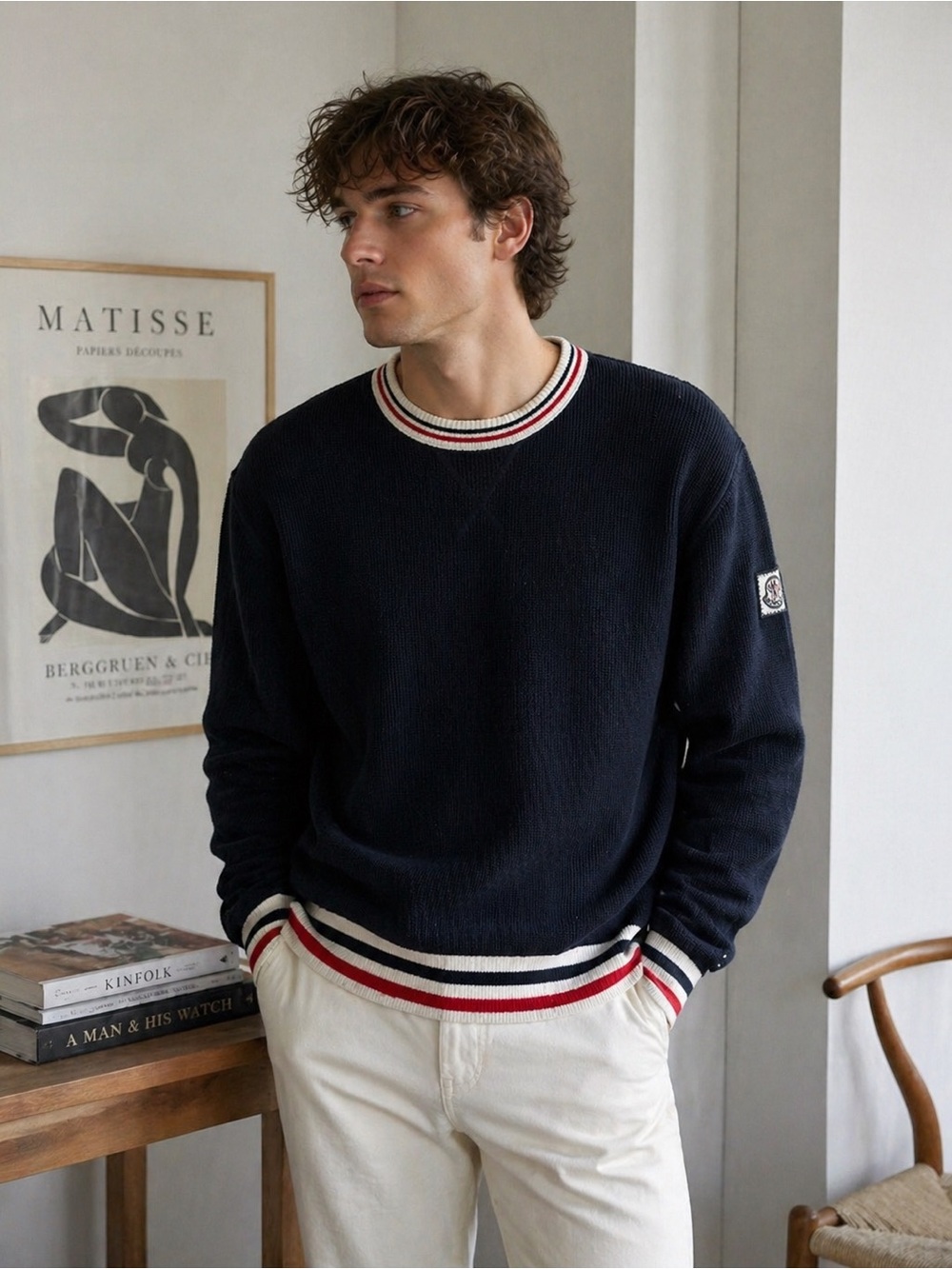 Authentic Moncler Navy Waffle Knit Sweater with Logo on Sleeve Striped Trim